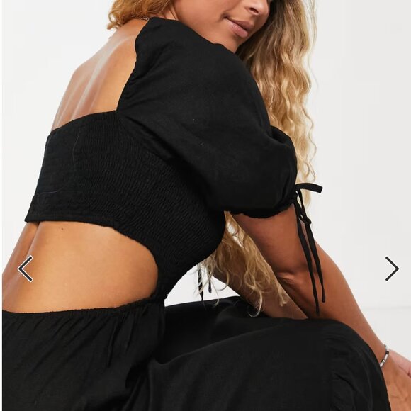 The Frolic Fin Linen Shirred Front Puff Sleeve Midi Summer Dress Black Size 8 - Picture 3 of 10